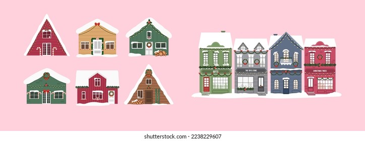 Cute houses. Christmas decoration. Outdoor. Winter wooden house. Vector