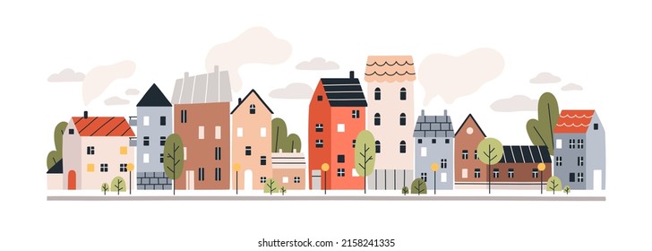 Cute houses, city buildings in Scandinavian style. Cosy town panorama with home exteriors, Scandi architecture. Urban street with chimneys, smoke. Flat vector illustration isolated on white background - Shutterstock ID 2158241335