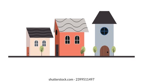 Cute houses, city buildings in Scandinavian style. Cosy town panorama with home exteriors, Scandi architecture. Urban street with chimneys, smoke. Flat vector illustration isolated on white background