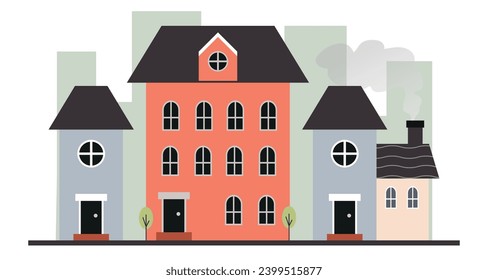 Cute houses, city buildings in Scandinavian style. Cosy town panorama with home exteriors, Scandi architecture. Urban street with chimneys, smoke. Flat vector illustration isolated on white background