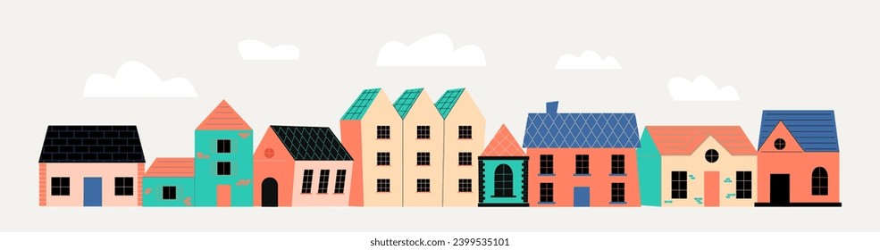 Cute houses, city buildings in Scandinavian style. Cosy town panorama with home exteriors, Scandi architecture. Urban street with chimneys, smoke. Flat vector illustration isolated on white background