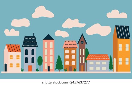 Lindas casas, edificios de la ciudad en estilo escandinavo. Ilustración vectorial. 