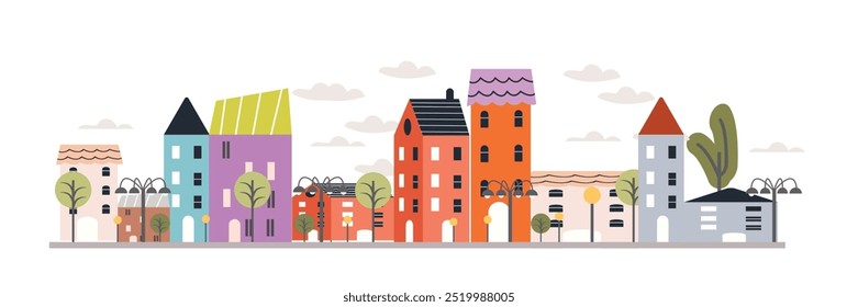 Cute houses, city buildings in Scandinavian style. Cozy town panorama vector illustration design background