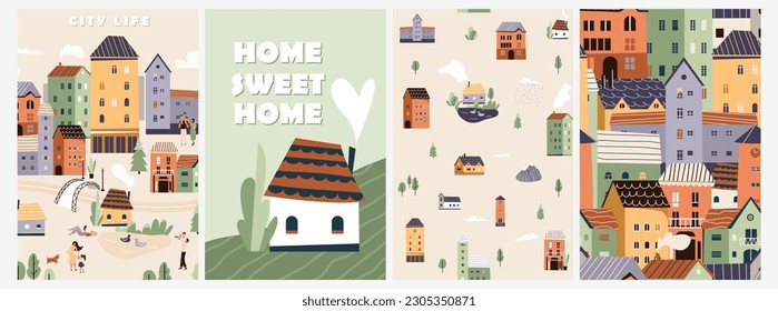 Cute houses, city buildings vector illustration. Cosy town landscape, tiny village poster background with family, people in minimal flat modern style.