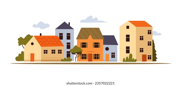 Cute Houses. City Street with Home Exteriors Isolated on White Background. Town Panorama in Scandinavian Style. Vector Flat Illustration.