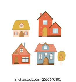 Cute houses clipart, doodles collection, hand drawn cartoon elements for stickers, prints, cards, real estate decor, etc. Countryside cottages set, rural scene. EPS 10