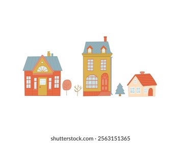 Cute houses clipart, stickers, hand drawn countryside cottages collection for cards, prints, posters, banners, real estate, etc. EPS 10