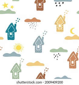 Cute houses and clouds in the boho style. Vector hand drawn baby collection for nursery decoration Cute seamless pattern for children's goods, fabrics, backgrounds, packaging, covers.
