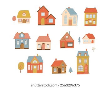 cute houses collection, hand drawn cartoon cottages clipart for stickers, prints, cards, posters, real estate theme. EPS 10