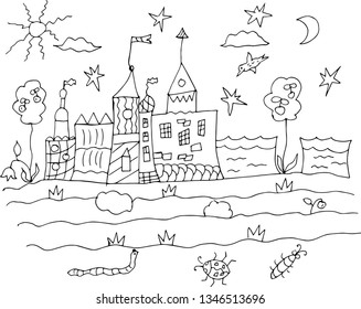 Cute houses. Coloring book for children and adults. Vector illustration.