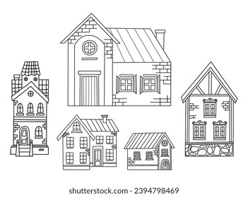 Cute houses doodles. Urban and rural different stone architecture. Vector illustration. Isolated hand outline drawings