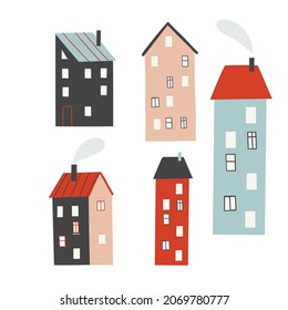 casas bonitas de estilo plano. casas de diferentes tamaños y formas. ilustración vectorial aislada en fondo blanco.