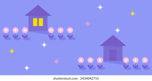 Cute houses and flowers isolated on a lilac background. Summer twilight. Vector illustration. Seamless pattern. Flat style. Background for paper, cover, fabric, textile, dishes, interior decor.