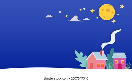 Cute houses in full moon night background illustration vector.