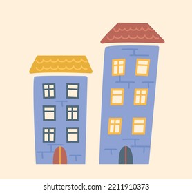 Icono de casas de corte. Arquitectura urbana y rascacielos. Elemento gráfico para sitio web, afiche o banner. Edificios modernos, ciudad. Patrón de mapas para niños. Educación. Dibujo vectorial plano de dibujos animados