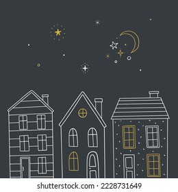 Cute houses illustration. Vector card with night town. Hand drawn Christmas clipart