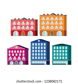 Cute houses isolated. City, town street exterior, landscape design elements flat design, retro building set, white background, vintage historical architecture, cute European cottages with balconies.