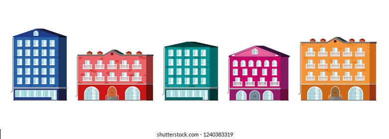 Cute houses isolated. Colorful European cottages with balconies.City, town, village street exterior. Flat design template. Retro building set. White background. Vintage historical architecture.