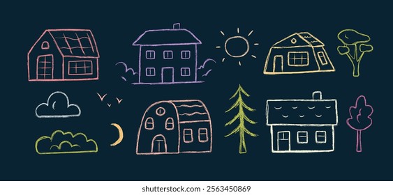 Cute houses and nature chalk doodles in kids style.  Charcoal drawings set. Vector hand drawn illustration