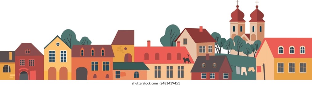 Cute houses in old Medieval town or village. Street Panorama of  cozy European city. Flat vector illustration