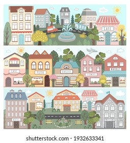 Cute houses on the streets. A set of vector illustrations