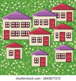 Cute houses. Pixel art style. Village pixel art. Vector picture. Village among flower gardens.