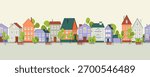 Cute houses seamless horizontal pattern, city buildings in European style. Cosy town panorama with home exteriors, Scandi architecture. Loopable urban street with chimneys. Flat vector illustration