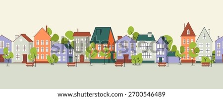 Cute houses seamless horizontal pattern, city buildings in European style. Cosy town panorama with home exteriors, Scandi architecture. Loopable urban street with chimneys. Flat vector illustration