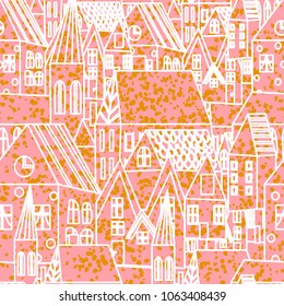 cute houses seamless pattern. bright sweet city village print.  Simple flat houses.  cartoon illustration. Stylized city. Hand drawn.