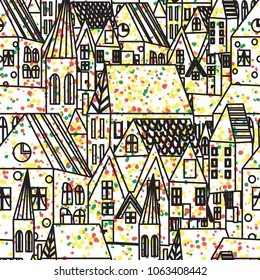 cute houses seamless pattern. bright sweet city village print.  Simple flat houses.  cartoon illustration. Stylized city. Hand drawn.