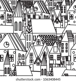 cute houses seamless pattern. bright sweet city village print.  Simple flat houses.  cartoon illustration. Stylized city. Hand drawn.