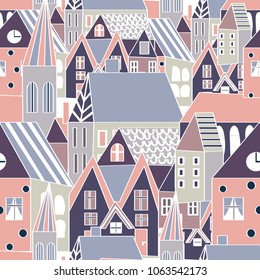 cute houses seamless pattern  bright sweet city village print   Simple flat houses   cartoon illustration  Stylized city  Hand drawn 