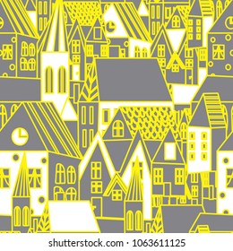 cute houses seamless pattern. bright sweet city village print.  Simple flat houses.  cartoon illustration. Stylized city. Hand drawn.