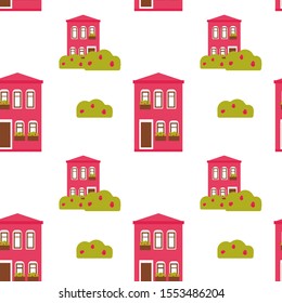Cute houses seamless pattern. Vector stock illustration in flat cartoon style. Pink building with rose bush. Kid or nursery print for textile, home wear, wrapping paper. Background for rent house.