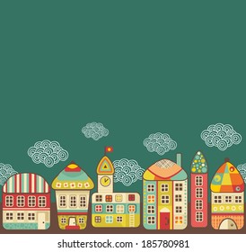 Cute houses seamless pattern. Vector cartoon town and clouds in the sky. 