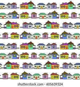 Cute houses seamless pattern, vector buildings background