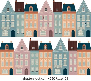 Cute houses set, pattern of town architecture in pastel colors