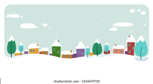 Cute Houses Snowy Town On Winter Background Merry Christmas Happy New Year Holiday Celebration Concept Greeting Card Horizontal Vector Illustration