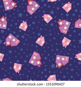 Cute houses with stars on the backgorund seamless vector pattern