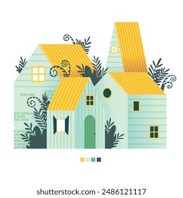 Cute houses street view. Tropical hut set with fern and jungle leaves. Four houses with yellow tile roof. Buildings illustration