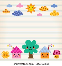cute houses, tree, sun, mushroom, clouds kids lined paper background