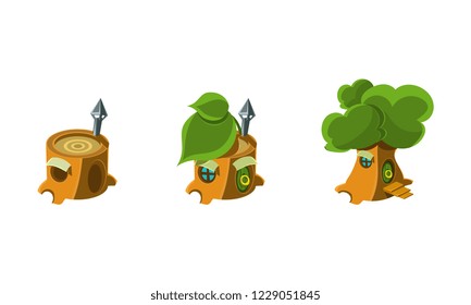 Cute houses in a tree trunks set, fairy tales village design elements for mobile or computer game Interface vector Illustration isolated on a white background