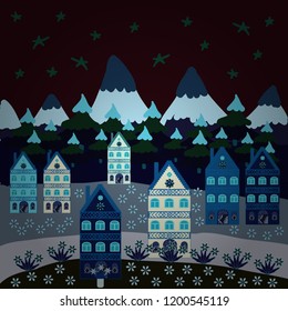 Cute houses and trees on brown, blue and neutral colors background. Scandinavian style nature illustration. Colorfil landscape for textile, wallpaper, fabric. Vector.