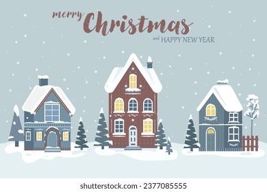  Cute houses, urban buildings in Scandinavian style. Cozy winter houses. Editable vector illustration for Christmas invitation, card and website banner