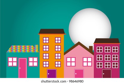 cute houses with window and moon over green background. vector