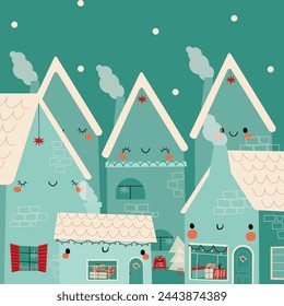 Cute Houses Winter Illustration. Children's illustration for advent calendar or poster.