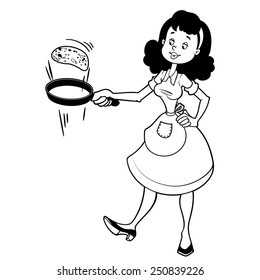 Cute housewife in apron with a frying pan and pancake.  Outline on a white background