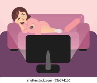 Cute housewife lying on sofa and watching tv. Woman in bathrobe with remote control in hand. Illustration in pink and purple colors. 