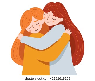 cute hug of two young girls. affectionate relationship with each other. flat vector illustration.