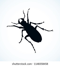 Cute huge crawly male Dynastes giganteus on white backdrop. Dark ink hand drawn rare insect logo emblem insignia space for text. Closeup detail view
